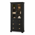 Armoire de rangement en bois noir avec portes en verre et tiroirs