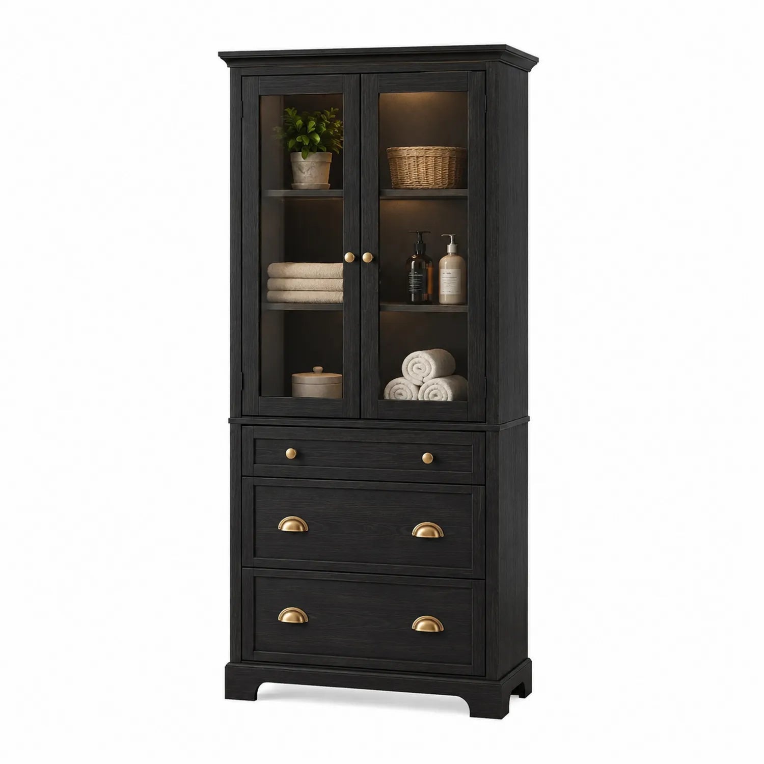 Armoire de rangement en bois noir avec portes en verre et tiroirs