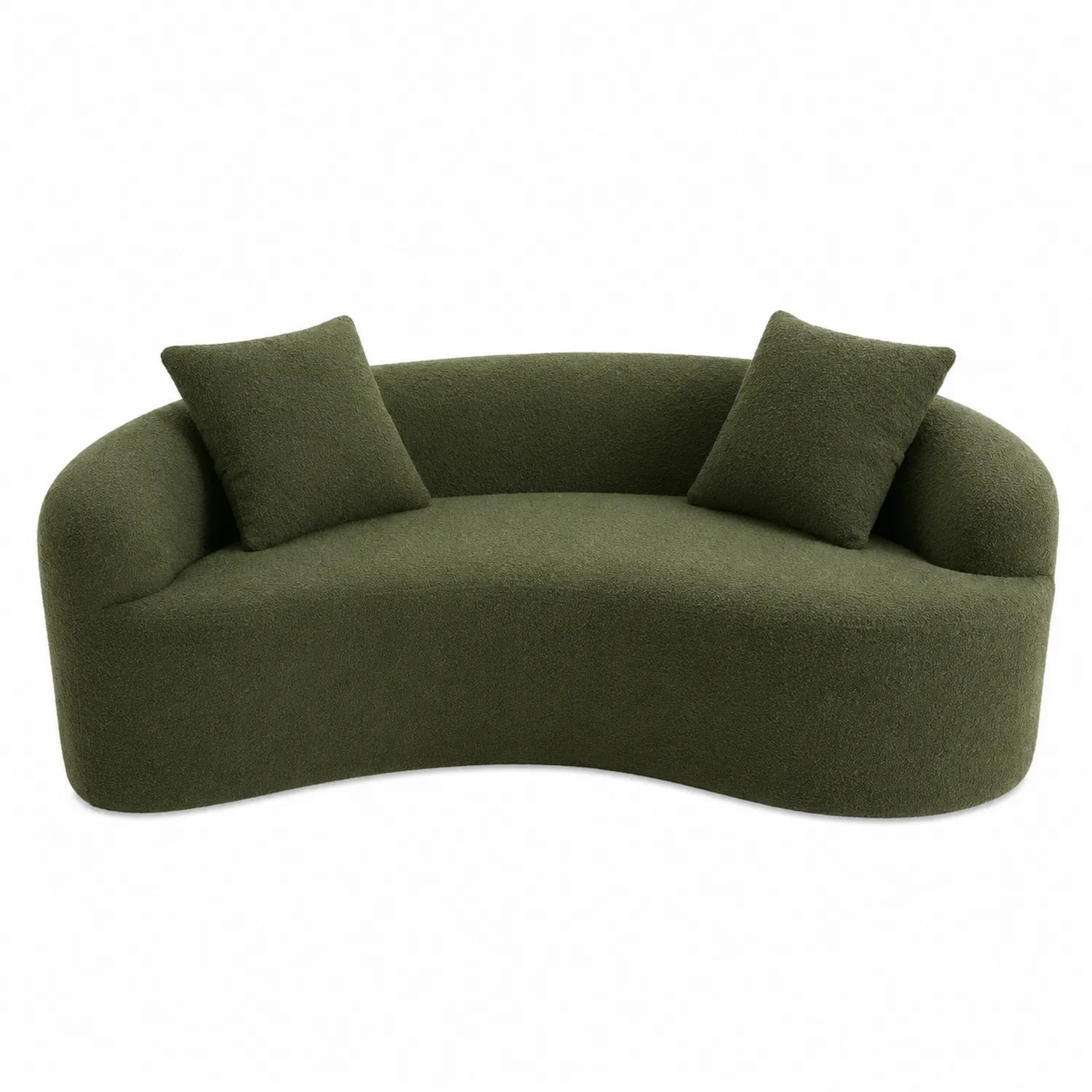 Canapé courbé en tissu bouclé vert avec coussins