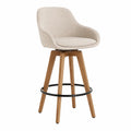 Tabouret de bar pivotant en tissu polyester beige avec pieds en bois et repose-pied métallique