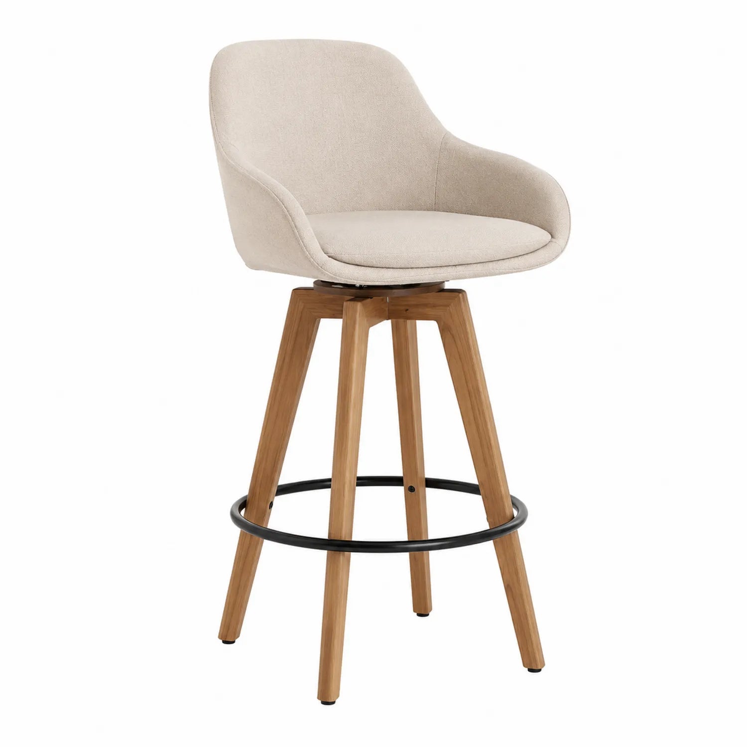 Tabouret de bar pivotant en tissu polyester beige avec pieds en bois et repose-pied métallique
