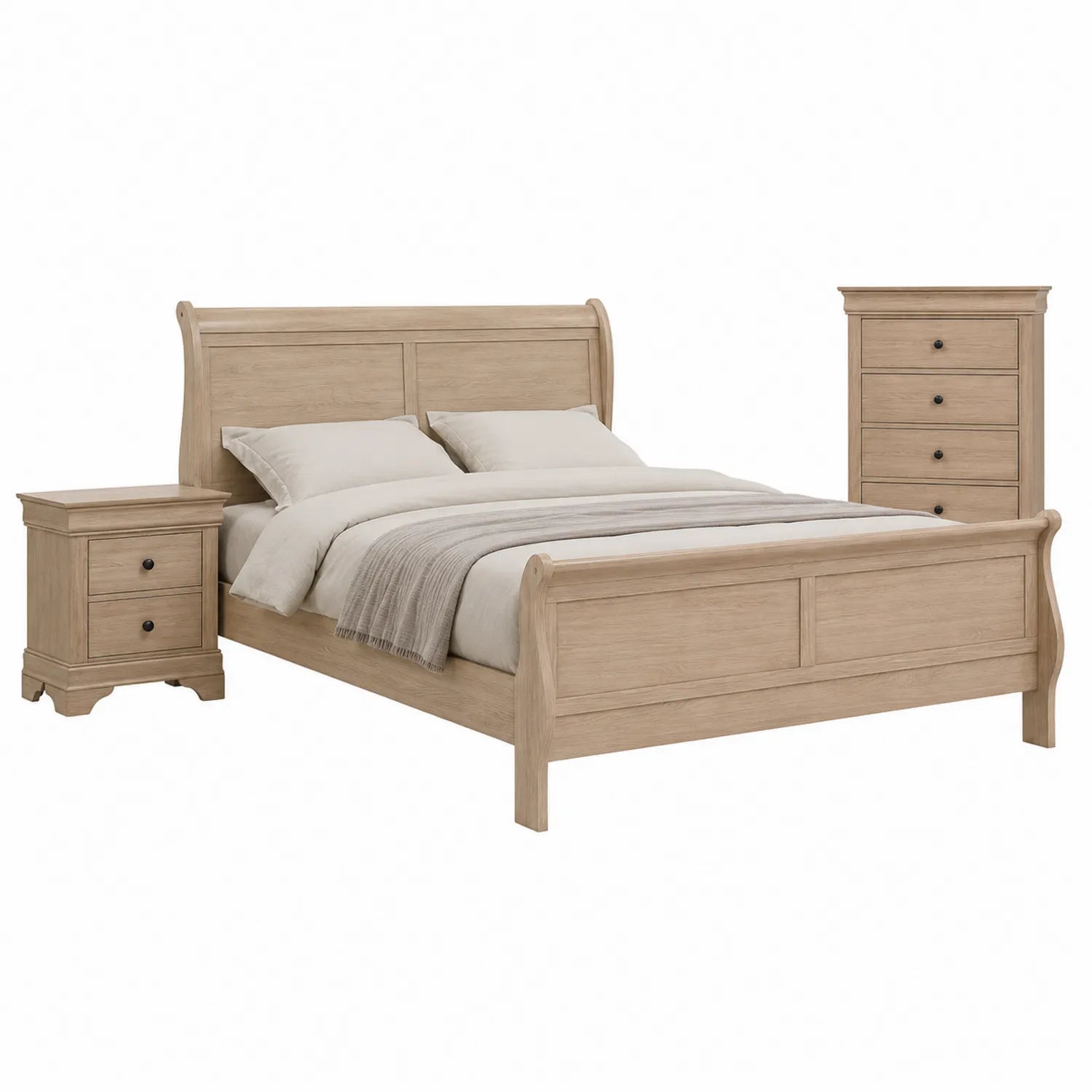 Ensemble de chambre en bois avec lit, tables de chevet et commode 160x200 cm