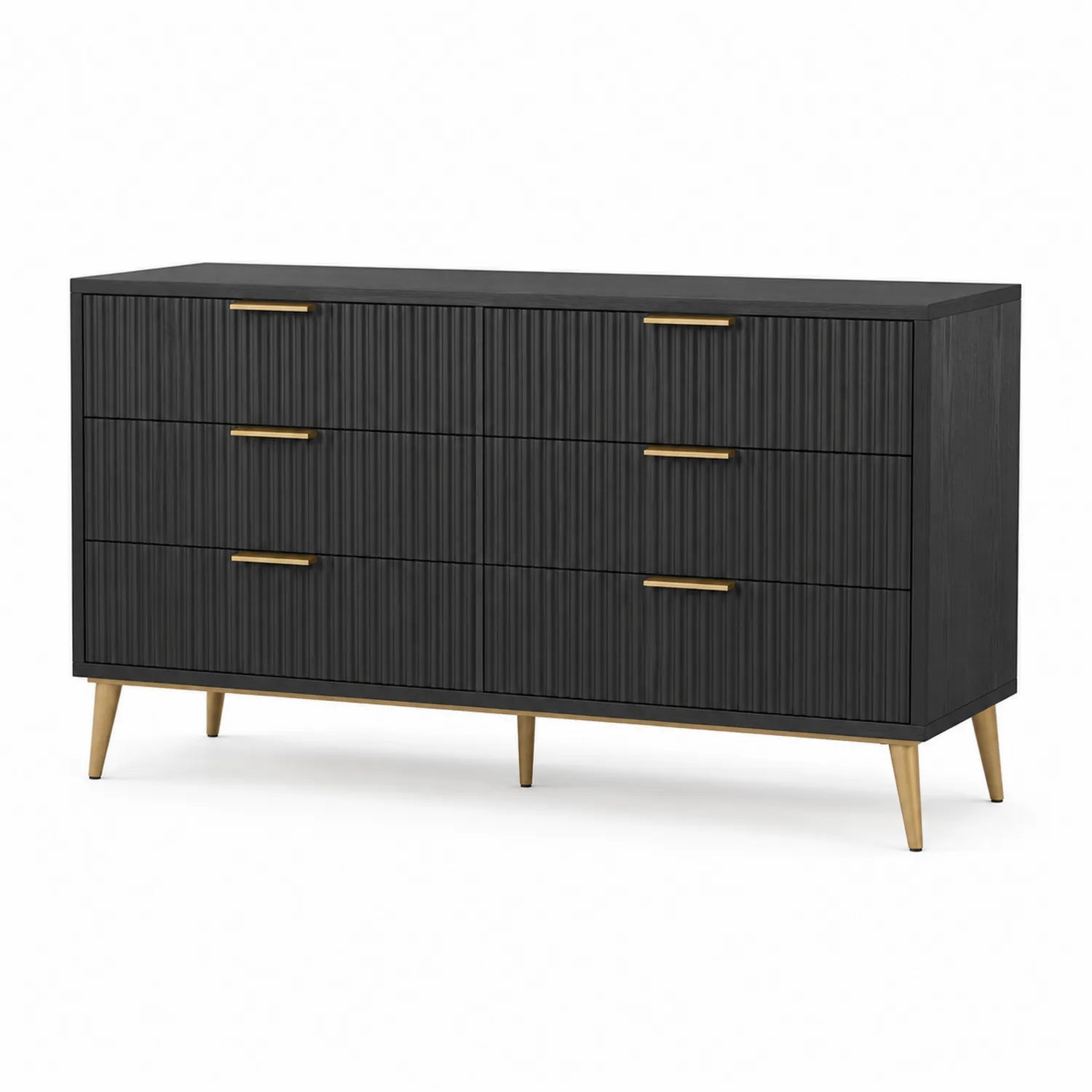 Commode en Bois Noir avec 6 Tiroirs et Pieds Métalliques