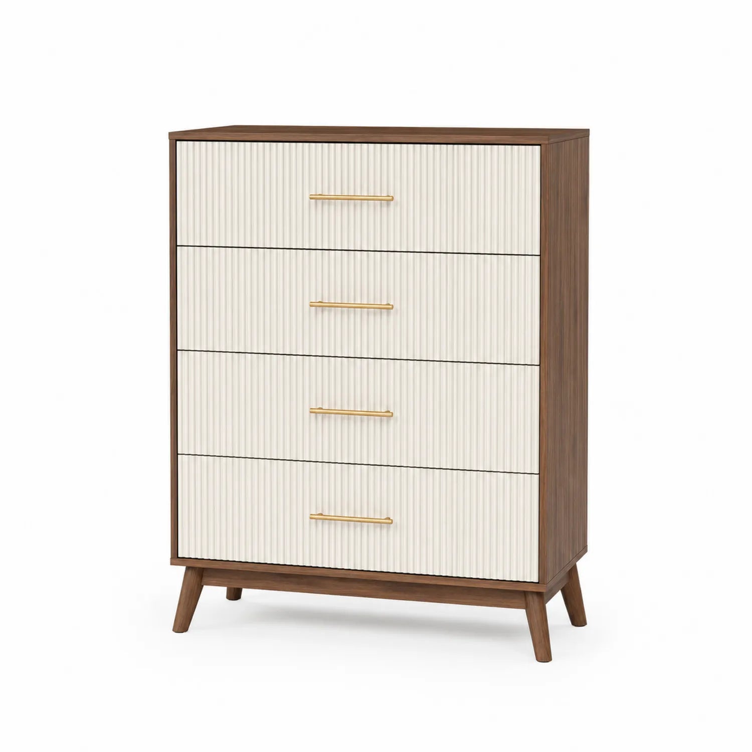 Commode en bois avec façades blanches nervurées et poignées dorées