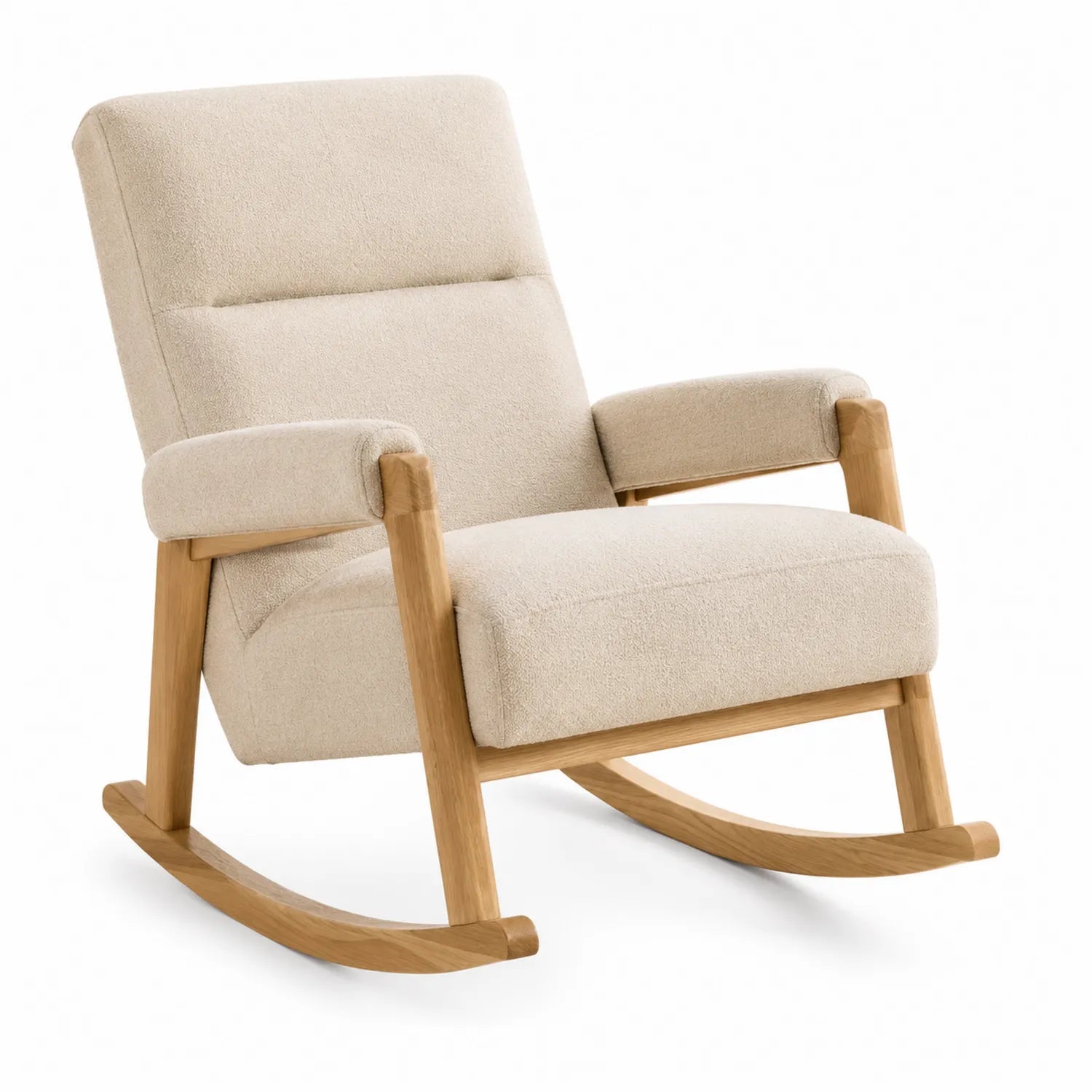 Fauteuil à bascule en tissu bouclette beige avec cadre en bois de chêne