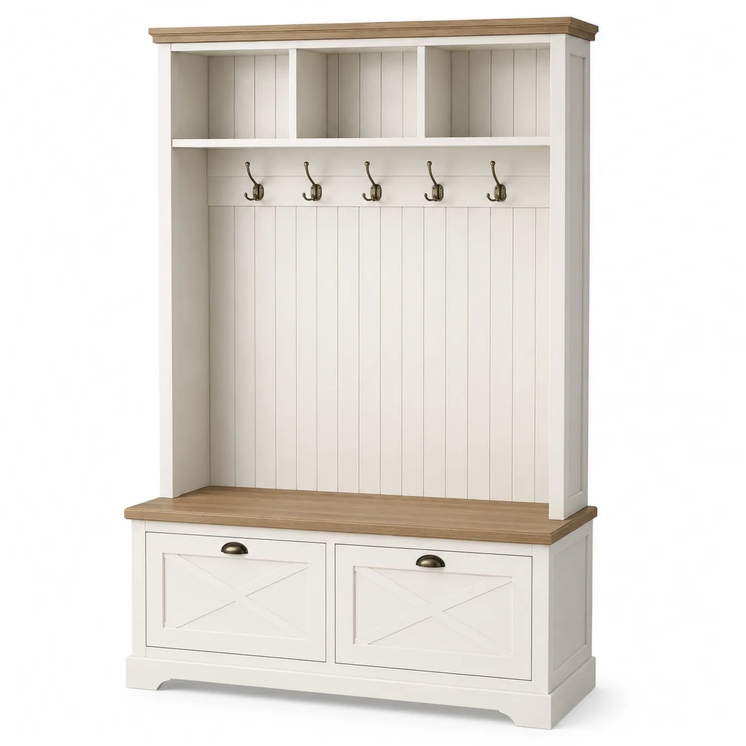 Meuble d'entrée avec portemanteaux et banc en bois blanc et chêne