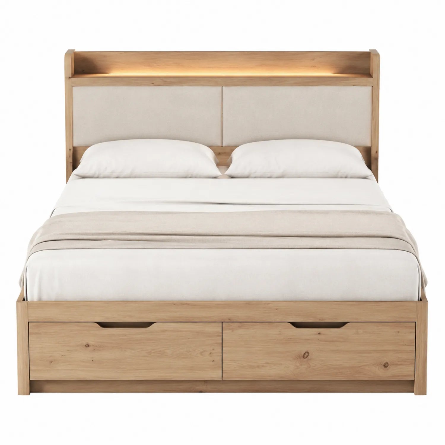 Lit double en bois avec rangement et tête de lit rembourrée 160x200cm