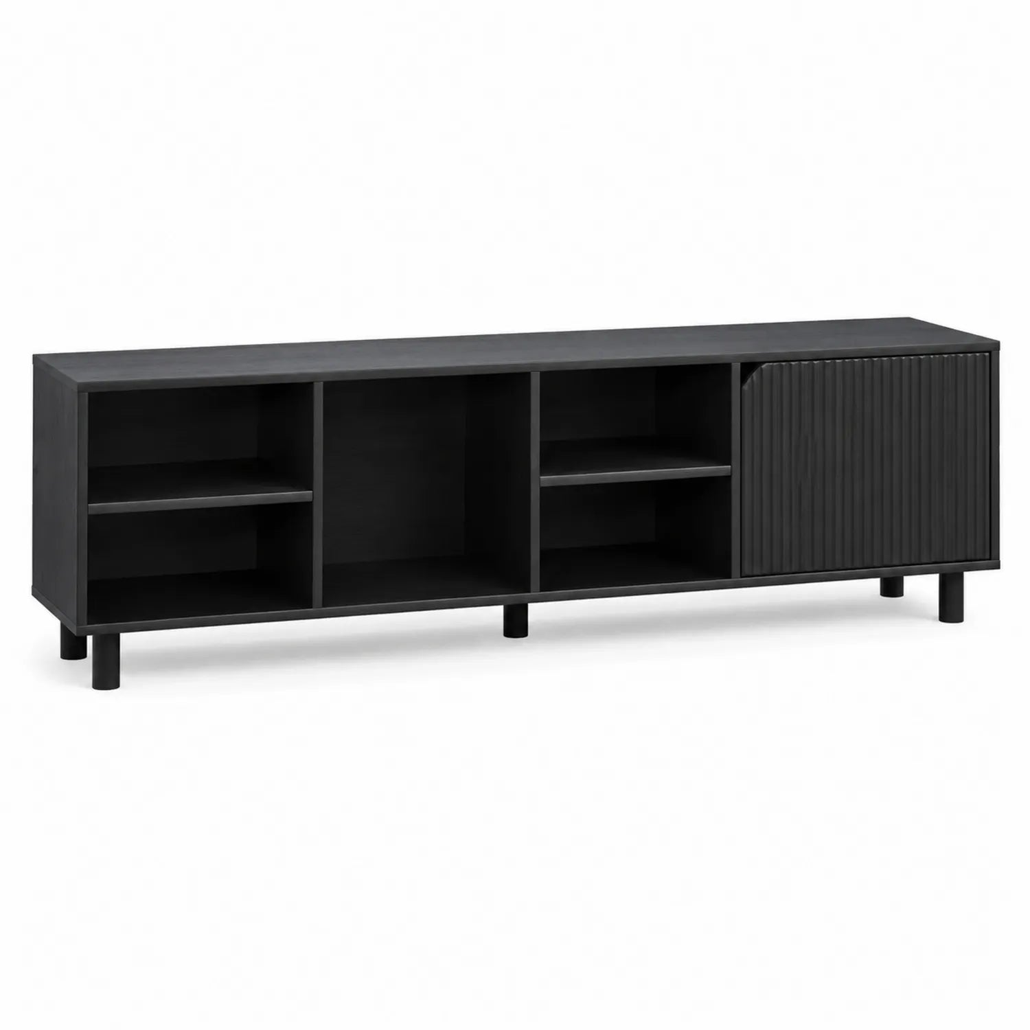 Meuble TV en bois avec porte et étagères noires 180x40x50 cm