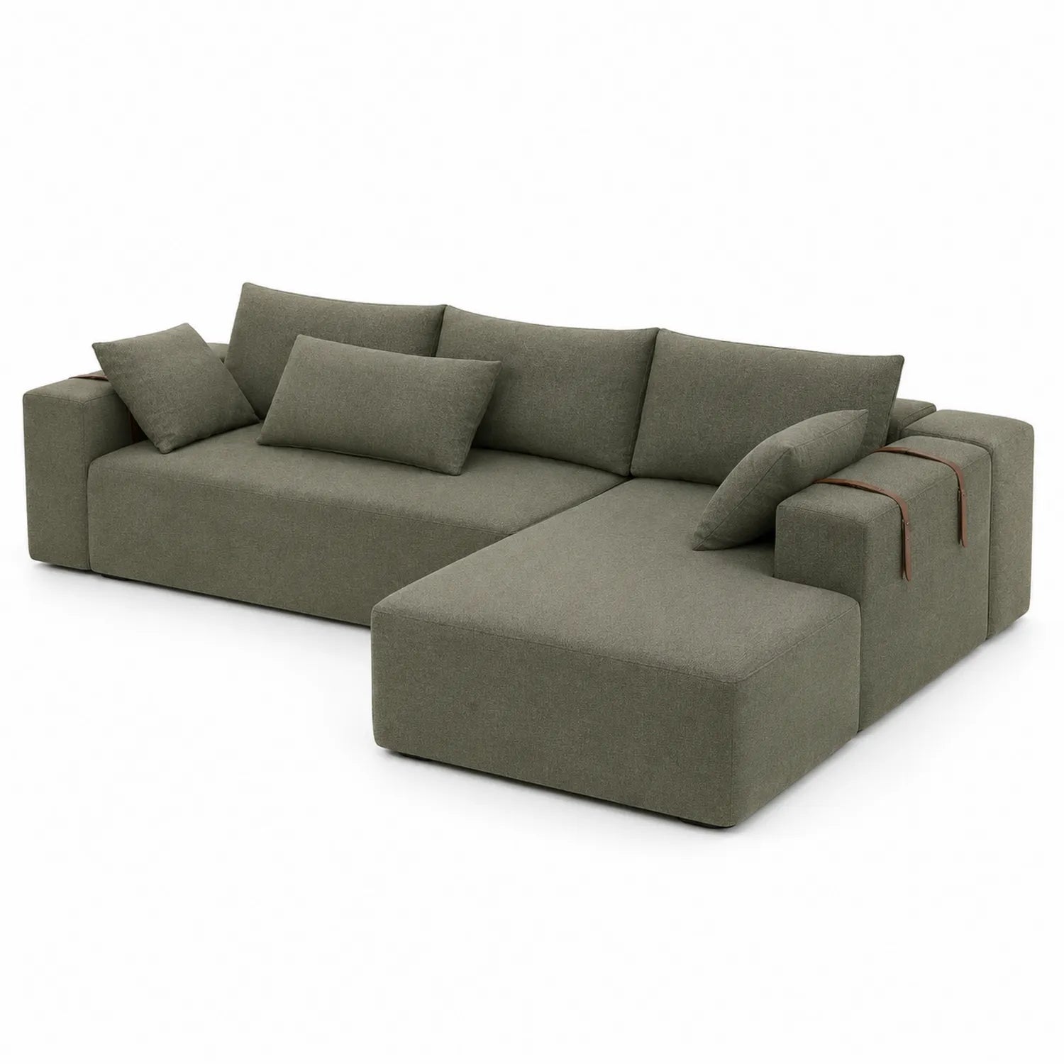 Canapé d'angle modulable en polyester vert avec coussins