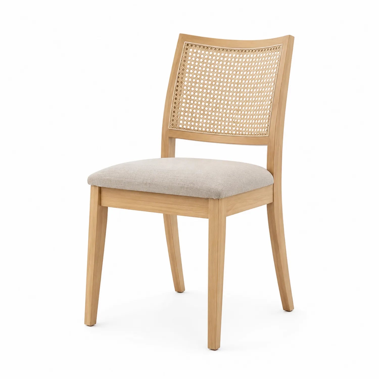 Chaise en bois massif avec assise en tissu beige et dossier en cannage