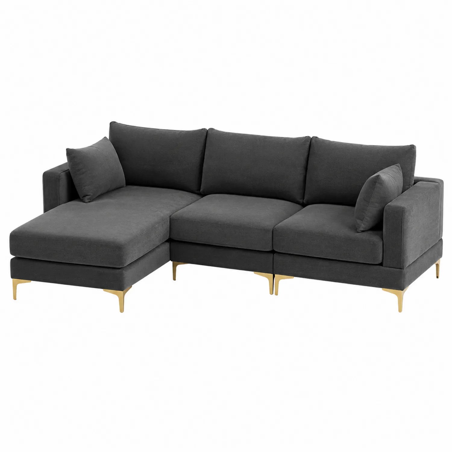 Canapé en L en tissu avec pieds en métal doré, 270 cm