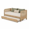 Lit canapé gigogne en bois et rotin avec matelas crème