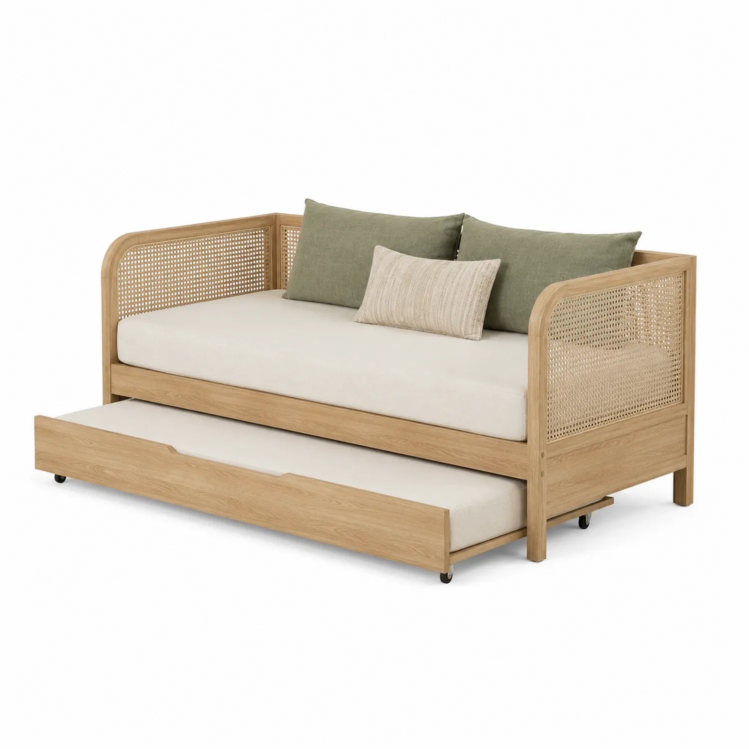 Lit canapé gigogne en bois et rotin avec matelas crème